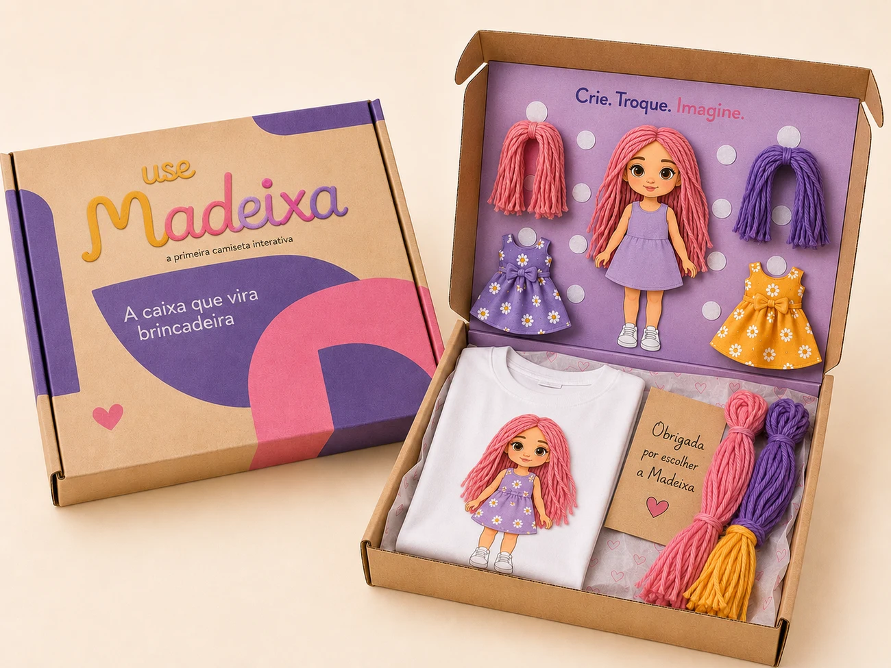 Caixa Madeixa aberta: painel de velcro com a personagem, cabelos de lã e vestidos de feltro