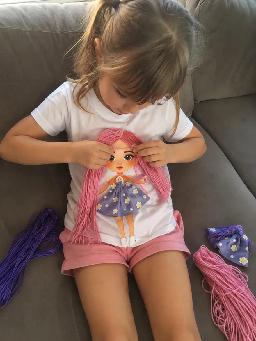 Menina trocando o cabelo da camiseta Madeixa
